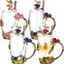 4 Sets Flower Glass Tea Cups with Lids and Spoon Butterfly Vintage Glass Coffee Mugs Floral Fancy Clear Teacup for Mother Day Women Mom Wife Girlfriend(Pink, Purple, Blue, Red,12 oz)