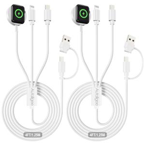 2 Pack USB C/A Multi Charging Cable 3 in 2 for iWatch Charger Travel Essentials Fast Charging Compatible with iWatch Series 10 /Ultra/SE/9/8/7/6/5/4/3/2/1 & for iPhone 16/15/14/13/SE/Galaxy S25 [4FT]