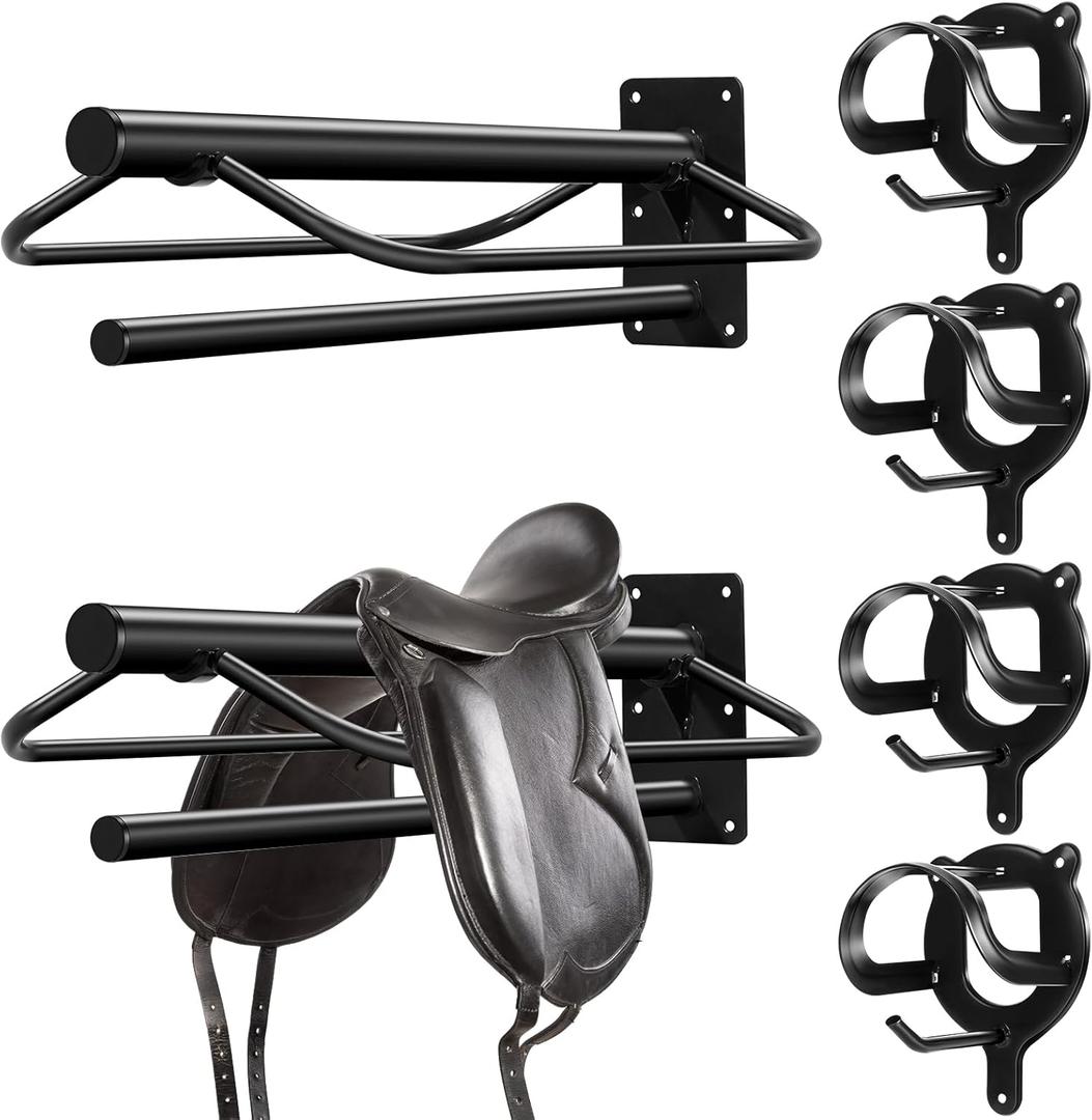 Paterr 6 Pack Saddle Rack Wall Mount with Pad Bar Horse Bridle Rack Metal Bracket Bridle Hooks Detachable Portable Saddle Stand Tack Storage for Western Horse Trailer Stall Supplies Accessories