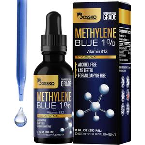 Bossko Methylene Blue 1% Solution 99.99% Pure Pharmaceutical Grade with B12 & Magnesium | Brain & Cellular Support | Third-Party Tested Dietary Supplement Drops 60ml