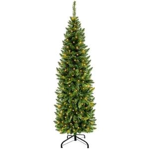 5 Ft Pencil Artificial Christmas Tree with 550 Branch Tips, Spruce Green,180 LED Warm White Lights, Include Metal Stand, UL Plug in, Slim Skinny Xmas Pencil Tree Decor for Holiday Home Indoor Outdoor