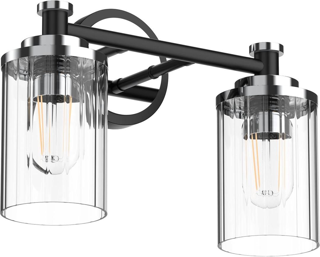 Bathroom Lighting Fixtures Black and Chrome Bathroom Vanity Light with Cylindrical Clear Stripes Glass Lampshade E26 Socket Base Bathroom Lighting Fixtures Over Mirror (2 Lights) (2 Lights, Chrome)