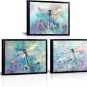 seteuret Dragonfly Wall Art, Flower Pictures Wall Decor - Blue and Purple Nature Home Decor for Bedroom Bathroom Living Room,12"x16", 3Pcs