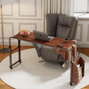 Overbed Table with Wheels, Adjustable Height & Length Rolling Desk for Bed, Over Bed Table with Storage Cabinet and Charging Station, Rolling Laptop Desk for Bedroom, Living Room (Brown, 31.49in)