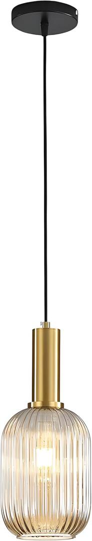 Modern Pendant Light Fixtures for Kitchen Island, Farmhouse Striped Glass Pendant Lighting with Gold Socket, Stylish Ceiling Light for Dining Room and Living Room (5.12'', Amber)