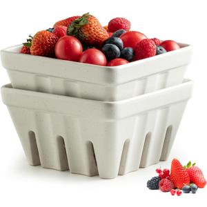 Gomakren Fruit Bowl with Holes, Ceramic Berry Basket Set of 2, 5.7 Inch Square Fruit Basket for Kitchen Counter, Rustic Berry Containers, Farmhouse Kitchen Decor - Cream White