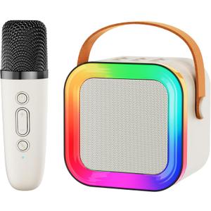 Mini Karaoke Machine Speaker for Kids Adults,Portable Bluetooth with 1-2 Wireless Microphones,Christmas Birthday Gifts Toys Girls Boys Ages 4, 5, 6,7, 8,9,10,11,12+ Years Old Toddler (Off-White -1Mic)