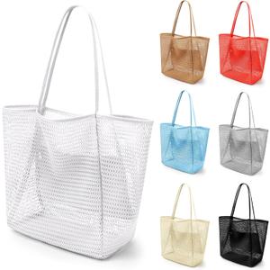 VOROLO Mesh Tote Beach Bag,Women Fairycore Hobo Bag,Shoulder Bag,Soft Summer Casual Crochet Bags (Cream)