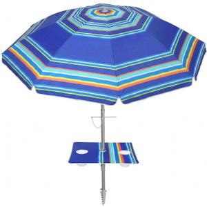 PASAMIC 7ft Beach Umbrella for Sand Featuring a Built-in Table with Sand Anchor & Tilt, UPF 50+ Protection Beach Umbrella for Heavy Duty Wind with Bag and Hook, Dark Blue Stripes（Random pattern）
