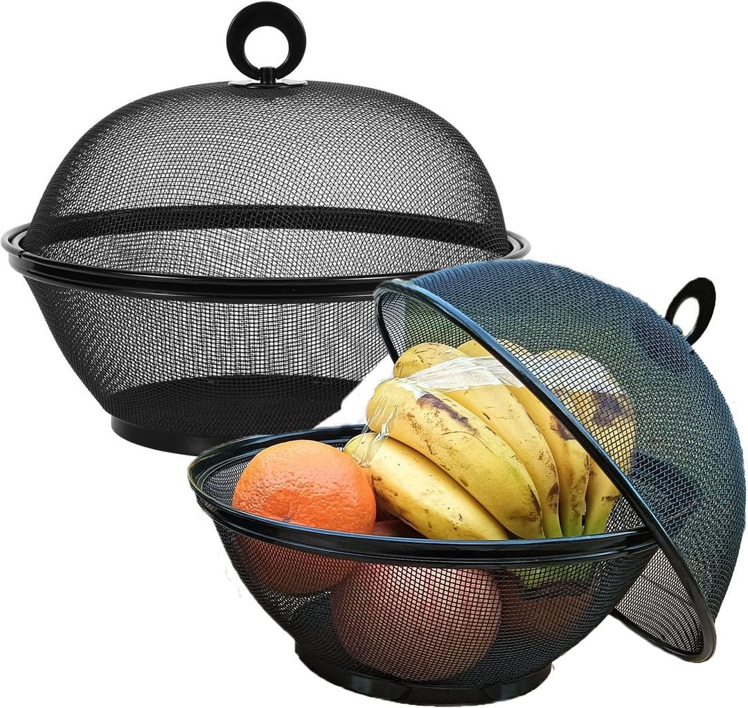 Fruit Basket With Lid - Decorative Fruit Bowl Metal Wire Basket Covered Fruit Bowl Strainer For Fruits Vegetables Fruit Display Stand Keeps Flies Out Φ10.7 (2 Fruit Baskets+2 Lids) (black)