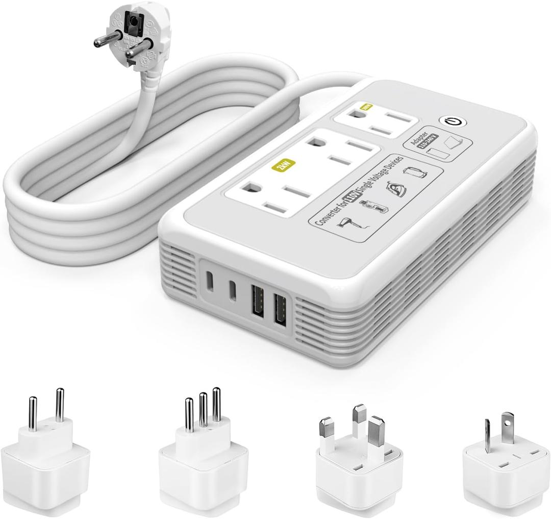 Mapambo 2000W 220V to 110V Converter for Hair Dryer, Voltage Converter US to Europe, Converter for European Travel with 2 USB-C 2 USB-A, Universal Travel Adapter with Type C G I L (Gray)