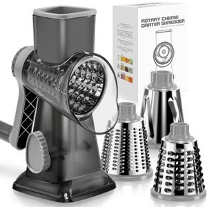 KEOUKE Rotary Cheese Grater Hand Crank Transparent - Shredder Slicer Grinder 3 Stainless Steel Blades, Stable Suction, Labor-Saving Handle, Safe Kitchen Tool for Cheese, Vegetable, Nuts, Chocolate (3 IN 1, Dark Grey SP)