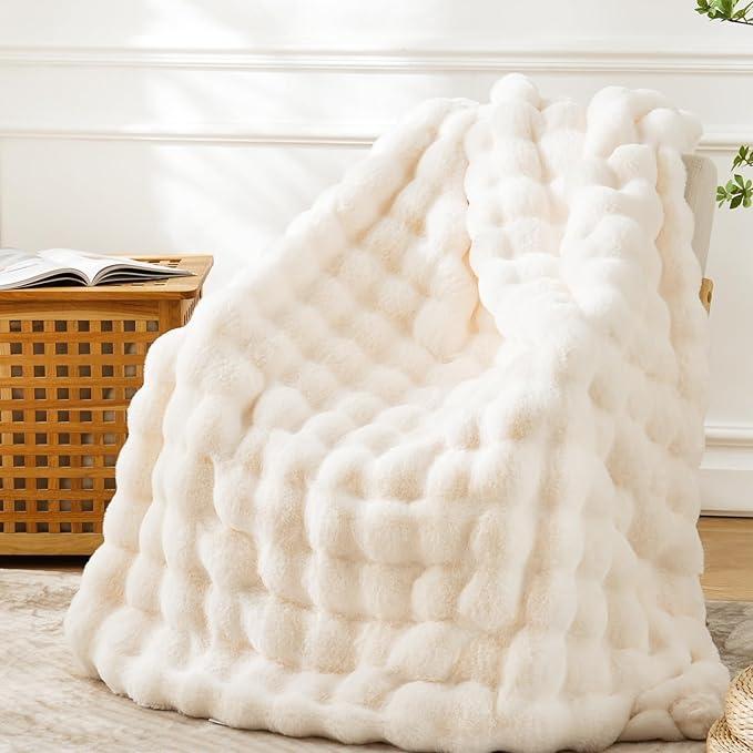 BENVWE Faux Fur Throw Blanket for Couch - Cozy Fuzzy Soft Plush Fluffy Thick Luxury Minky Bubble Blanket for Living Room Home Decor- Mothers Day Birthday Gifts for Women, Beige, 51" x 63"