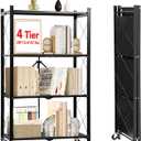 YixangDD 4-Tier Foldable Storage Shelf with WheelsNo Assembly Metal Collapsible Kitchen Folding Shelf or Books Storage Home Kitchen Office Basement Pantry - Black