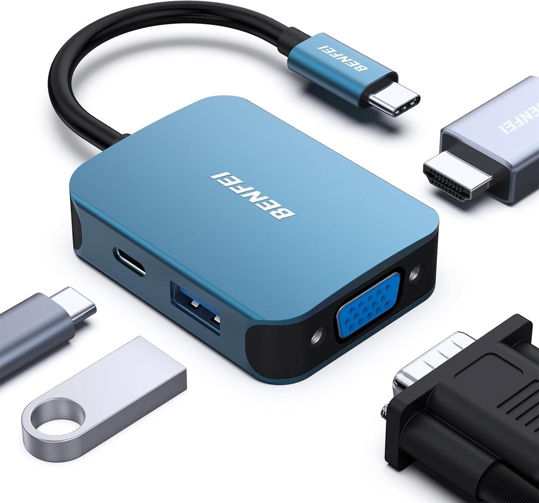 BENFEI USB C HUB 4-in-1, USB Type-C to HDMI VGA Adapter, USB C to USB Adapter, USB Type-C Power Delivery, Compatible with iPhone 15 Pro/Max, MacBook Pro/Air 2023, iPad Pro, iMac, S23, XPS 17 (Blue)