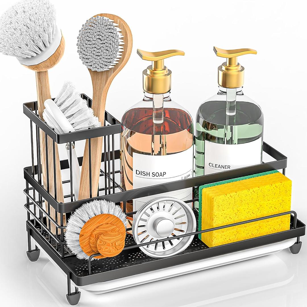 Cisily Large Capacity Kitchen Sink Caddy Organizer, Rustproof Non-Slip Sponge Holder With Dish Brush Holder Organizer, Kitchen Organization and Storage, Essentials Accessories for Countertop (Black)