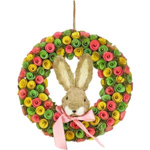 National Tree Company Artificial Hanging Wreath, Foam Base, Decorated with Colorful Flower Blooms, Ribbon, Bunny Head, Easter Collection, 16 Inches