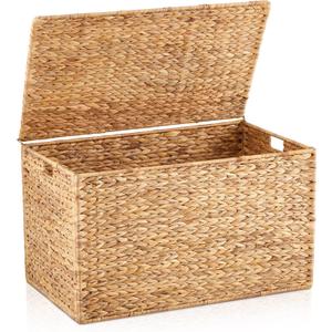 30 x 17.5 x 17.5 Inch Water Hyacinth Wicker Storage Trunk with Metal Frame, Heavy Duty Storage Chest with Lid Large Rattan Basket for Blankets, Seasonal Clothes, Extra Bedding (Natural)