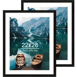 22x28 Frame Set of 2, Rustic Black Wood Style - Display 18x24 Picture Frame with Mat or 22 x 28 Poster Frame without Mat, Wall Mounting Horizontal and Vertical