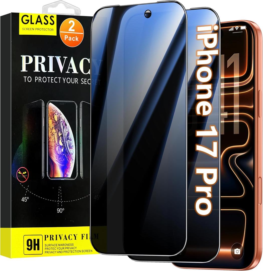 Oterkin 2 Pack Privacy Screen Protector for iPhone 17 Pro 6.3'' Tempered Glass Private Saver Anti-Spy Eye Protection Full Coverage Anti-Scratch Case Friendly