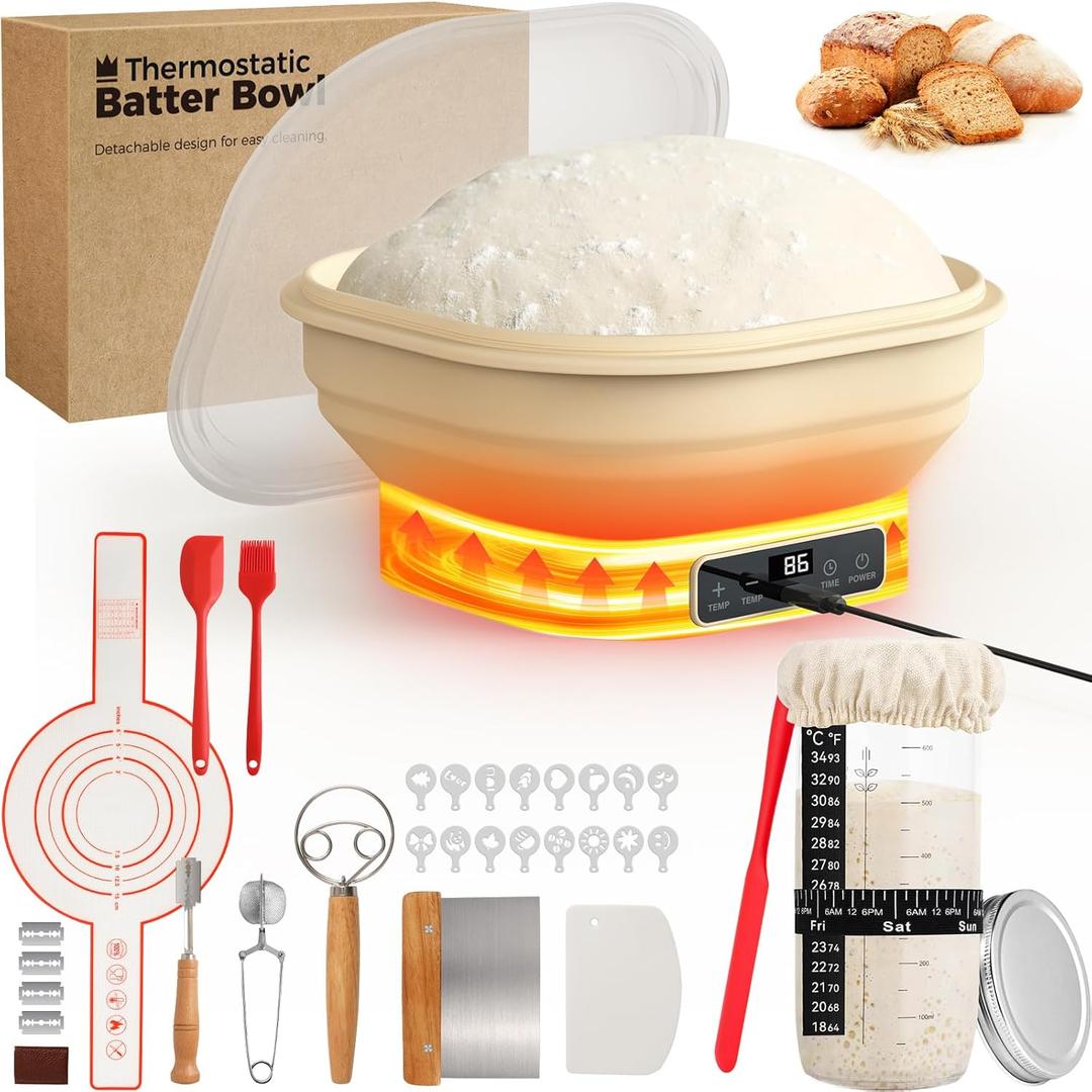 Heating Sourdough Starter Kit, 2L Electric Thermostatic Silicone Square Foldable Banneton Bread Proofing Basket with 6 Timer & Temp Settings for Dough Rising, Dishwasher Safe, Bread Making Kit