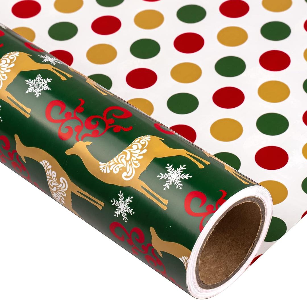 MAYPLUSS Christmas Reversible Wrapping Paper - Mini Roll - 17 Inch X 32.8 Feet - Gold Elk & Polka dots Pattern (47.3 sq.ft.ttl) (Green)