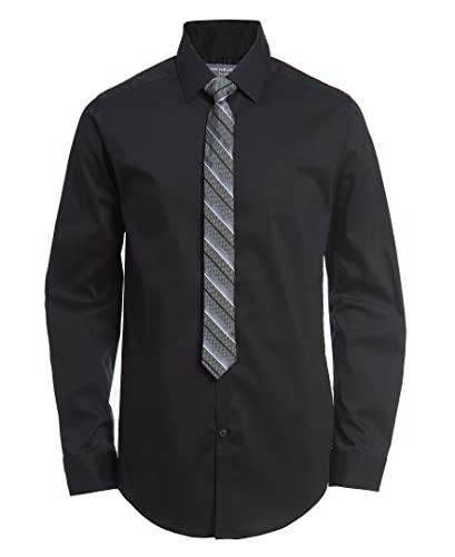 Van Heusen Boys' Long Sleeve Dress Shirt and Tie Set, Black Stripe, 14-16 Size Large