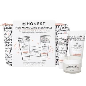 The Honest Company New Mama Care Essentials Gift Set, Hospital Bag Must Haves, Travel Size Nip Balm (0.5 oz) Glow On Body Cream (1 Gotta Face Wash (1.75 fl) with Reusable Pouch