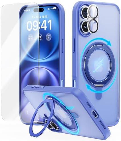 JUESHITUO 3 in 1 for iPhone 16 Case, 360° Rotatable Magnetic Ring Stand with [Rotary Damping Sound] [1X Screen Protector + 1X Camera Lens Protector] Shockproof Slim Phone Cover 6.1", Ultramarine