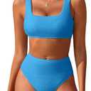 ANRABESS Women Two Piece Bikini Sets High Waist Square Neck Swimsuits Ribbed Textured Comfy Bathing SuitsBeach Swim Wear (Blue, L)