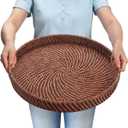 16.9 inch Rattan Tray, Round Wicker Tray with Cut-Out Handles, Woven Serving Tray for Dining/Coffee Table