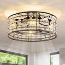 Black Modern Flower Crystal Fandelier with Light and Remote, Rustic Caged Ceiling Fan Flush Mount, Low Profile Ceiling Fans with Lights, 6-Speed Reversible for Bedroom, Girls Room, Living Dining Room