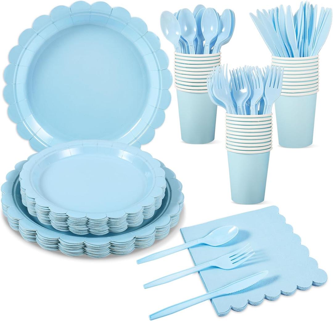175 Pcs Light Blue Paper Plates and Napkins, Boy Baby Shower Decorations Include Blue Scalloped Plates Napkins Cups for Kindergarten Graduation, Birthday, Bridal Shower, Wedding