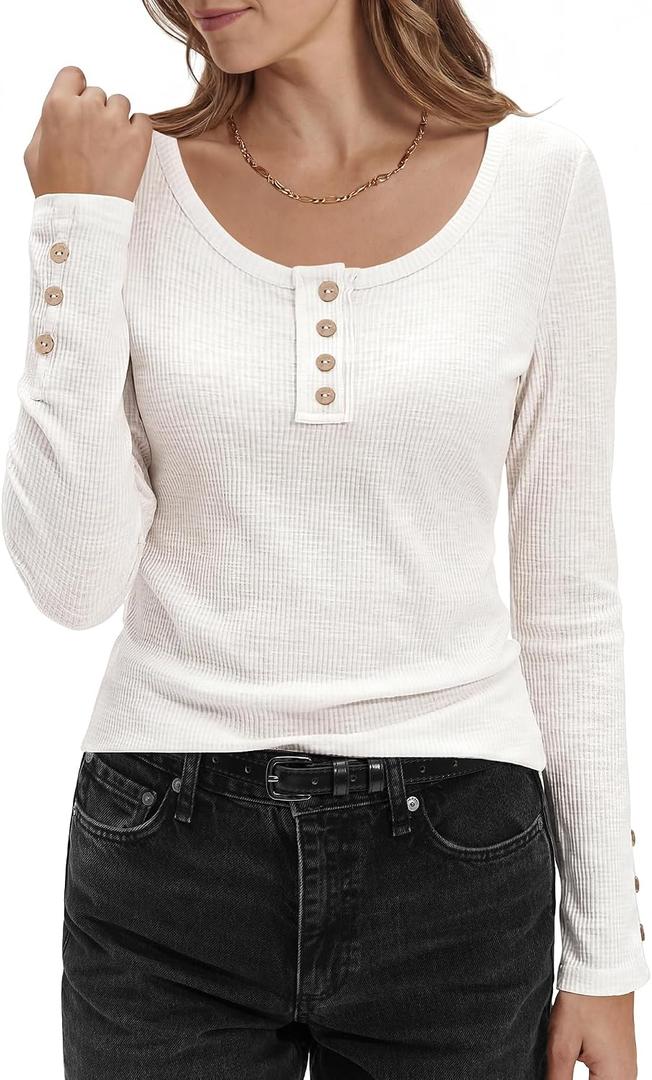 Stelle Women's Ribbed Knit Henley Long Sleeve Button Top Loose Fit (White, S)