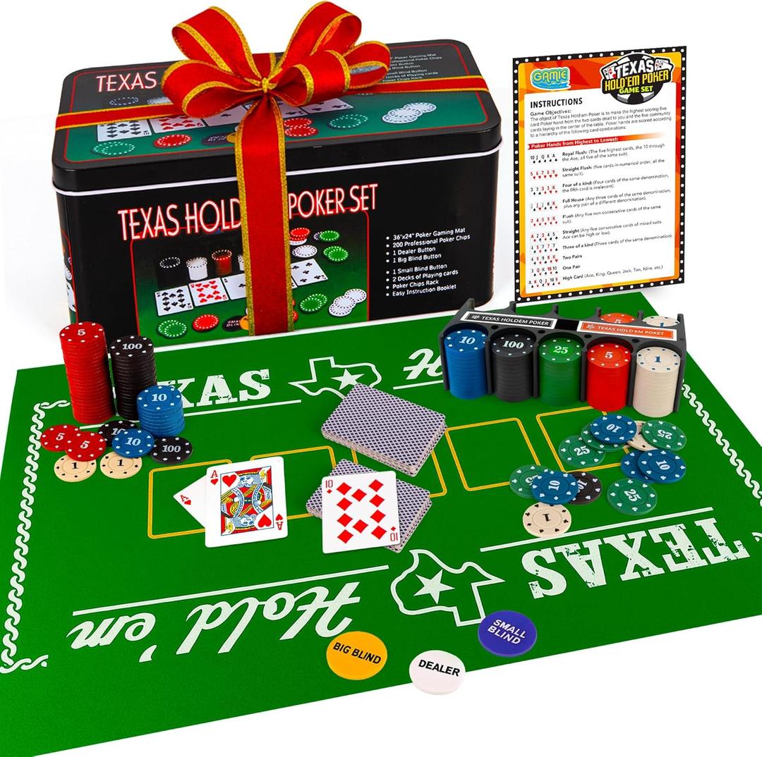 Gamie Texas Holdem Poker Game Set - Includes Holdem Mat, 2 Card Decks, Chips, Chip Holder and Tin Storage Box - Fun Game Night Supplies - Cool Casino Gift for Kids & Adults