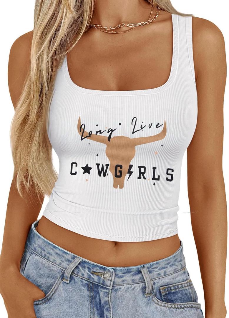 Cowgirl Crop Top Women Country Concert Tops Western Cowboy Tank Tops Country Music Cami Sleeveless Tops (Large, White)