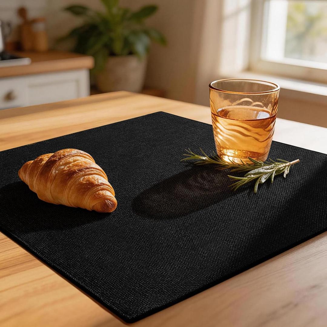 Linen Fabric Placemats Set of 6, Machine Washable, Heat Resistant, Wrinkle Free, Thick Polyester Kitchen Place Mats for Dining Table (Black)