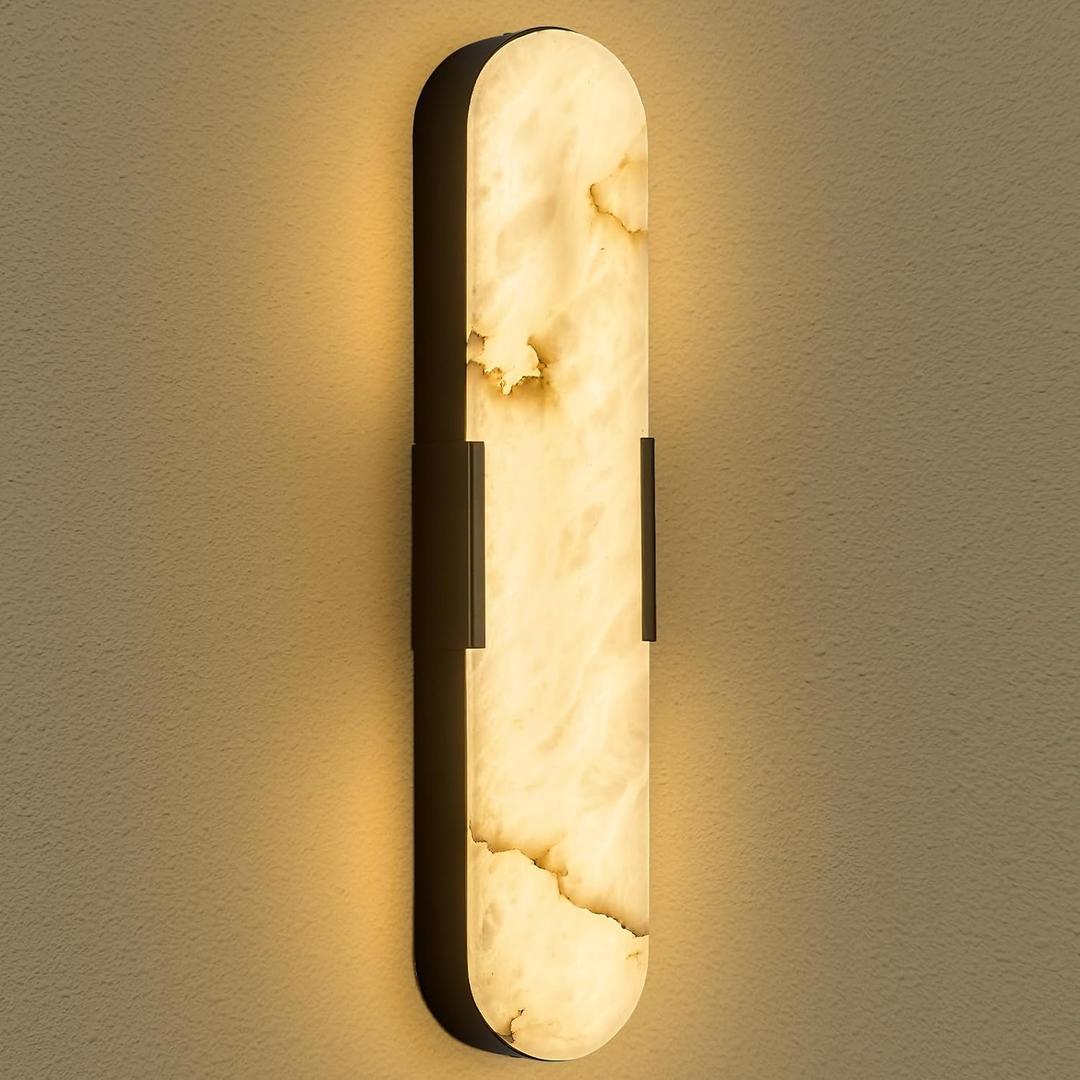 Alabaster Wall Sconces, 20 inch Natural Marble Black Wall Sconce Indoor Wall Lamp Modern Bathroom Alabaster Wall Lamp for Living Room, Bedroom, Porch, Dining Room, Stairway (Black-1PC-Warm Light)
