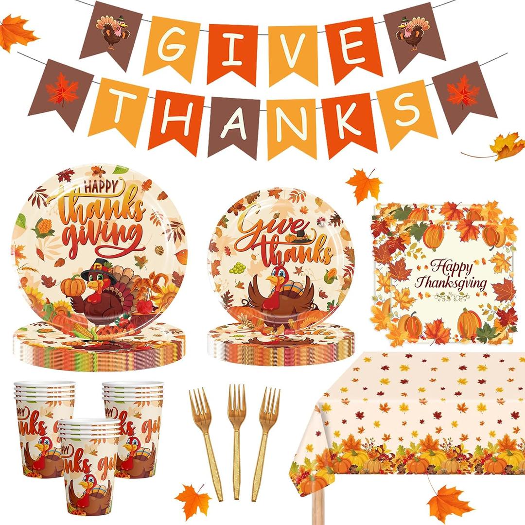 102 Pcs Thanksgiving Party Supplies, Includes Happy Thanksgiving Banner, Turkey Plates, Napkins, Cups and Tablecloth for Give Thanks Dinner Party Decorations