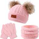 Yuoahcn Kids Winter Beanie Hat Scarf Gloves Set Knit Warm Toddler Winter Cap Gloves Neck Warmer for Boys Girls 1-8 Year (Light Pink)