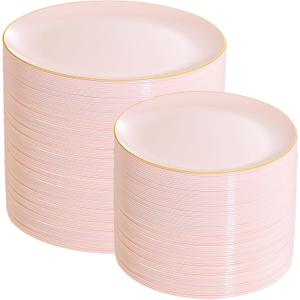 PULOTE 200Pieces Pink Plastic Plates - Premium Hard Pink and Gold Disposable - Include 100PCS 10 inch Dinner & 100PCS 7 inch Dessert Plates, Ideal for Wedding, Party & Mother's Day