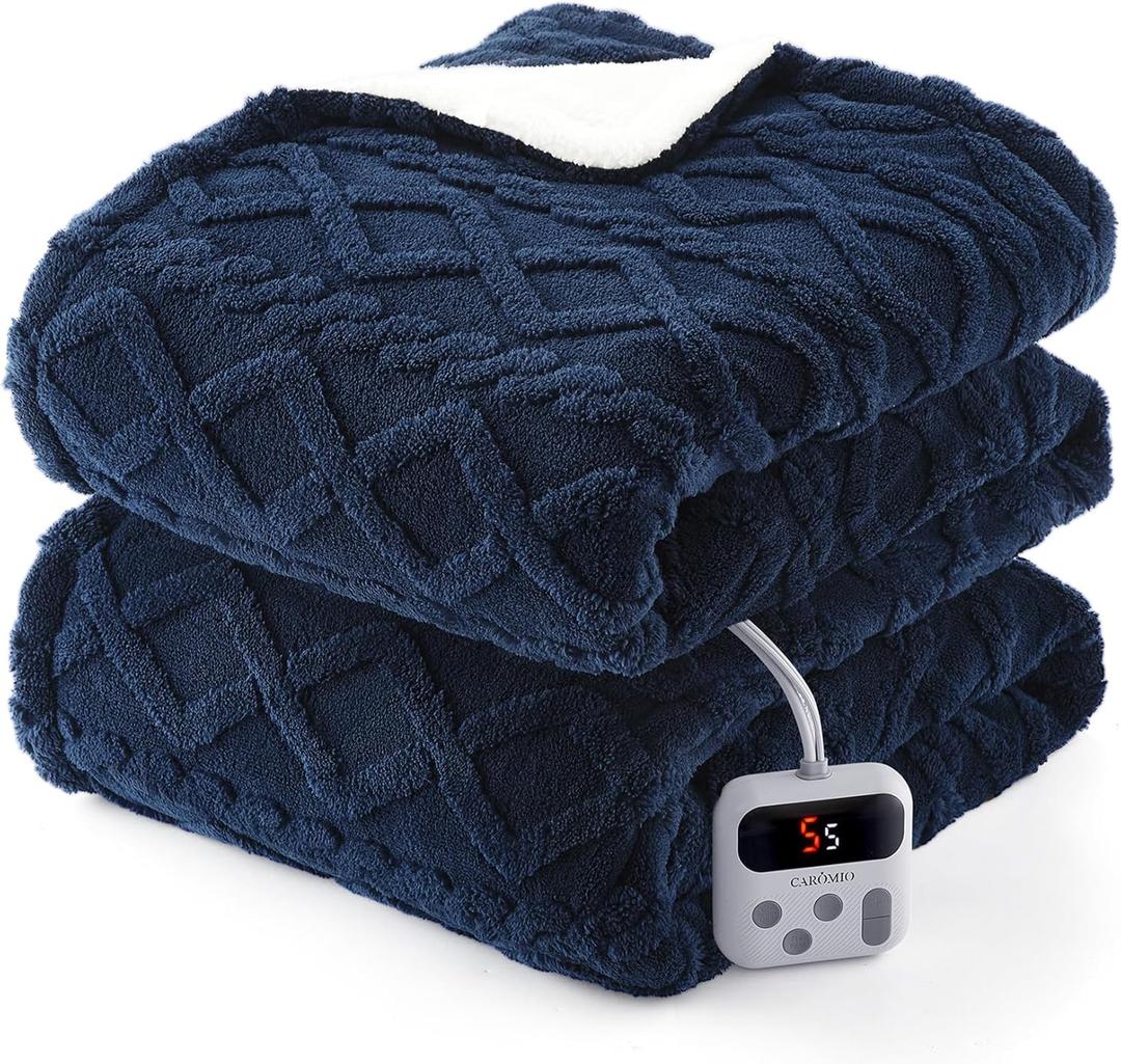 CAROMIO Electric Blanket Full Size - Thick Tufted Sherpa Heated Blanket with 10 Heating Levels and 10 Time Settings, ETL Certified Machine Washable Fast Heating Blanket Full 72"84", Navy Blue
