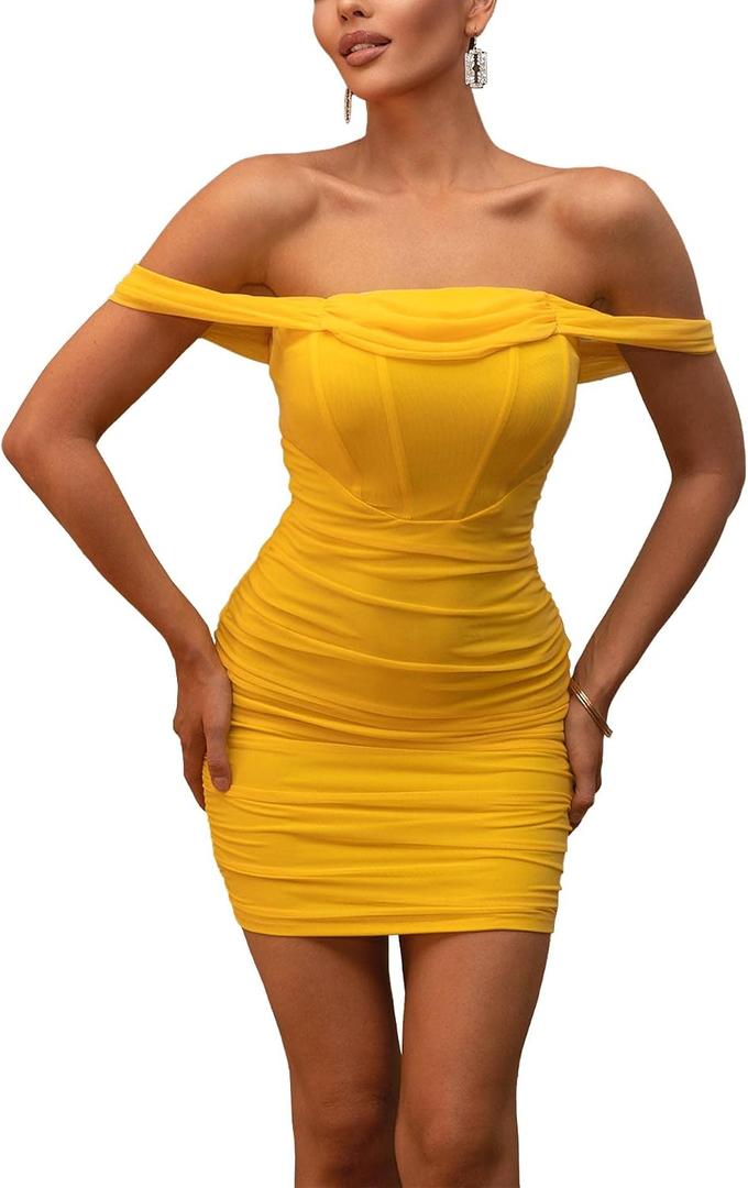 xxxiticat Women's Off Shoulder Ruched Mesh Dress Sleeveless Mesh Sheer Club Party Shapewear Bodycon Corset Mini Dresses(YE, XS) Yellow
