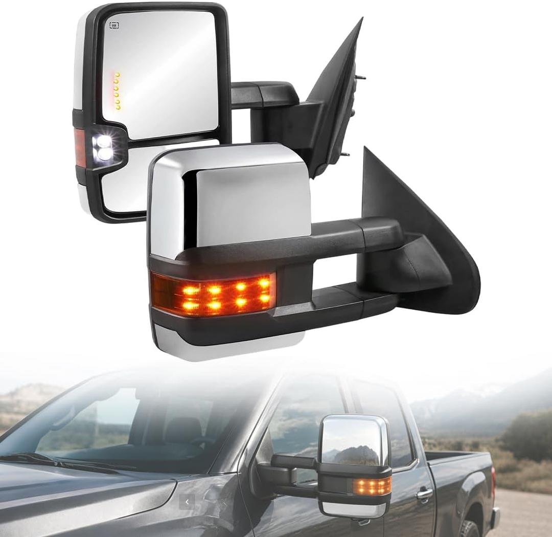 Power Folding Towing Mirror Assembly Pair, Power Heated Tow Mirror Set with Turn Signal and Amber Running Light, FIT Chevy Silverado 1500 2014-2018 2500HD 3500HD 2015-2019, FIT GMC Sierra