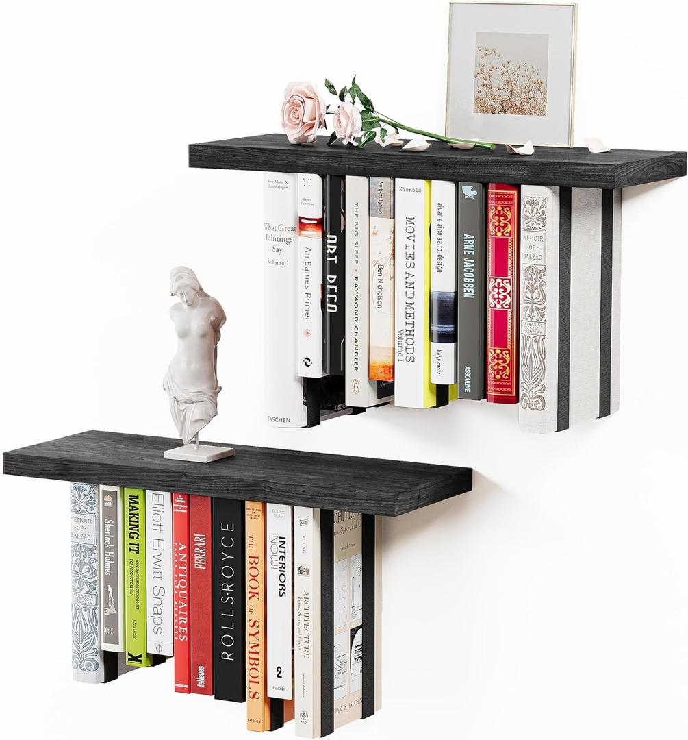 Floating Bookshelves for Wall, Rustic Wood Hanging Wall Bookshelf, Upside Down Book Shelf and Wall Mounted Bookshelves for Home Decor in Bedroom, Living Room, Black 2 Pack (16.5 in)