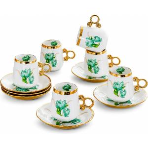 Porcelain Tea Set with Floral Designs, Gold Trim, 12 Pieces (Green 100ml 6 cups 6 plates)