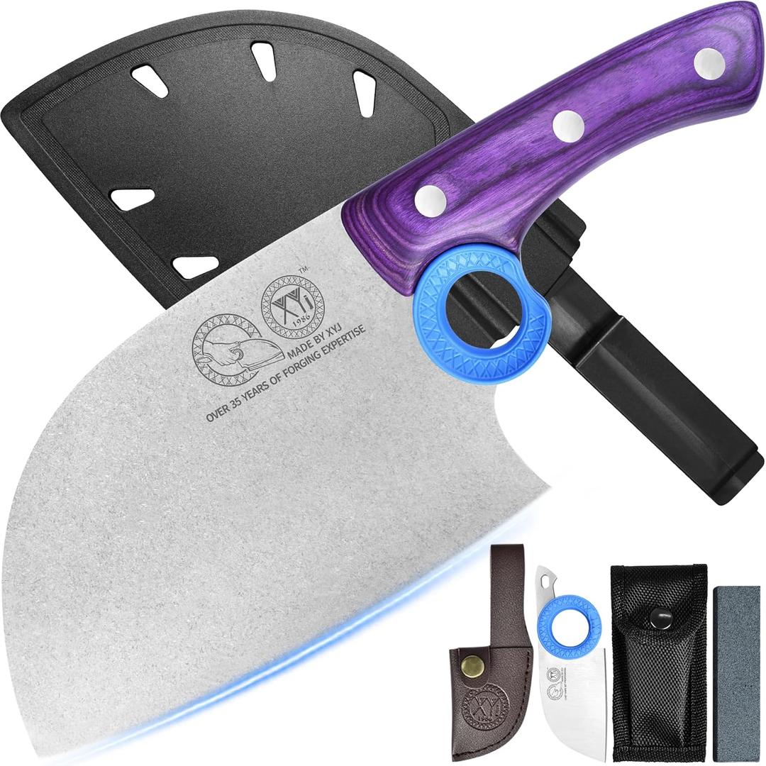 XYJ Authentic Since 1986,Heavy Duty Large Meat Cleaver,Serbian Chef Butcher Knife with Case,Chefs Vegetable Kitchen Knife,Full Tang for Outdoor Camping,Wood Handle with Sheath