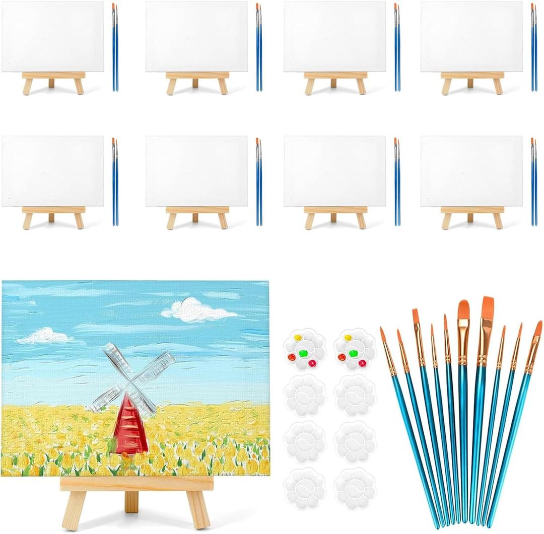 8 Pack 8x10 in Canvas Boards for Painting,Canvas for Painting with 9.5" Easel, Art Canvas Painting Kit with 10 Brushes & 2 Paint Tray for Kids Teenagers Acrylic Pouring Oil Water Color Gift