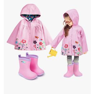 2 Pcs Toddler Raincoat Rain Boots Set Kids Baby Cartoon Hoodie Zipper Jacket Short Rain Shoes for Little Boys Girls Size 110