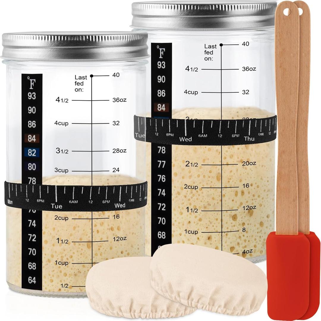 40 Oz Sourdough Starter Kit 2 Pack– Extra Thermometer Strips and Breathable Covers Included in Sourdough Starter Jar – A Perfect Sourdough Bread Starter Kit for Beginners to Expert